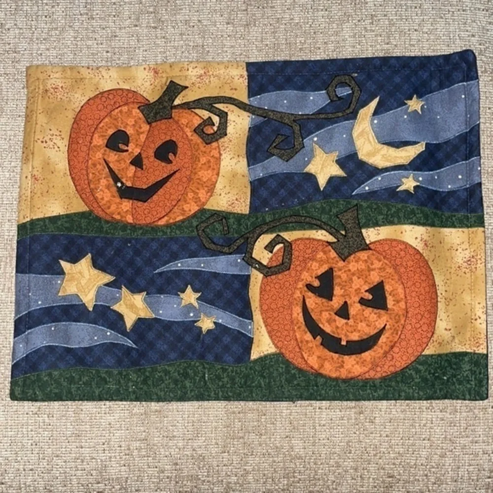 4 Quilted Halloween Jack O Lantern Fabric Placemats Pumpkin Moon Stars 18” x 13”